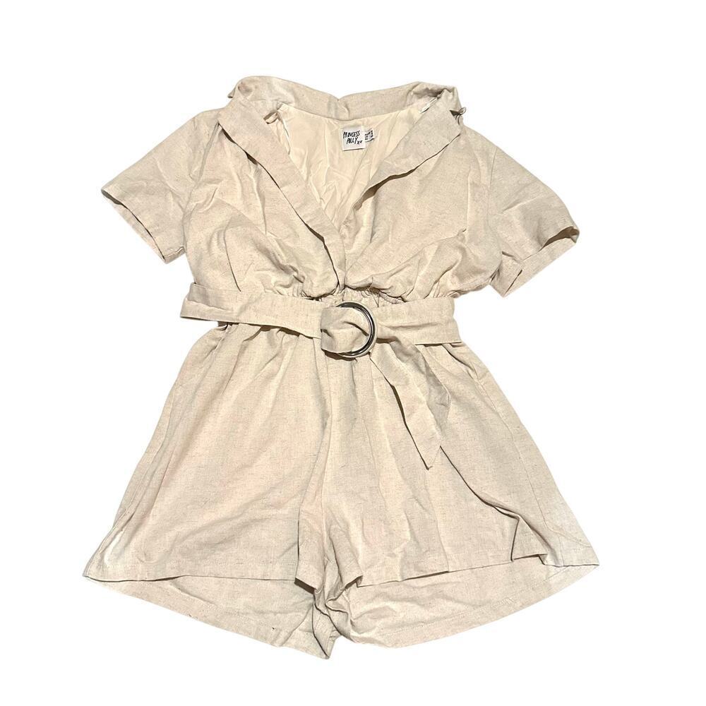 Princess Polly Belted Short Sleeve Cream Linen Look Romper Women's Size 8